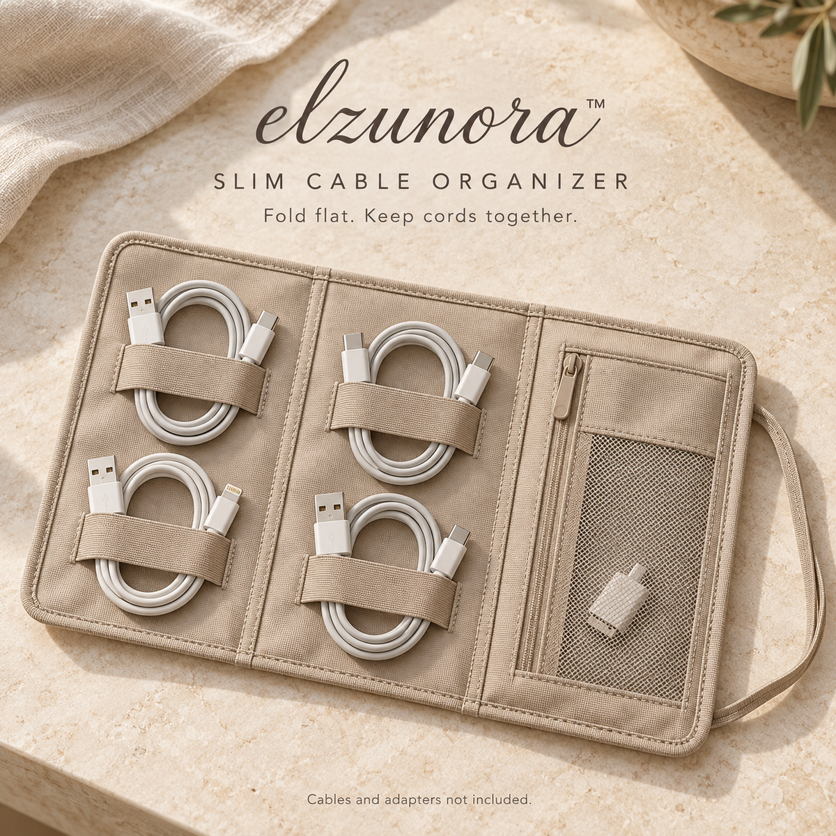 𝒆𝒍𝒛𝒖𝒏𝒐𝒓𝒂™ Slim Cable Organizer Roll, Foldable Travel Cord Storage Pouch