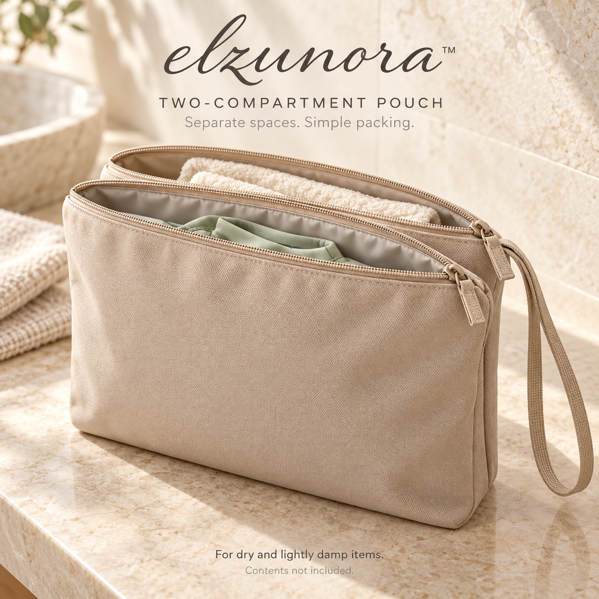 𝒆𝒍𝒛𝒖𝒏𝒐𝒓𝒂™ Two-Compartment Travel Pouch, Separate Storage for Dry and Damp Items
