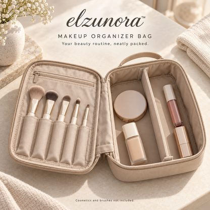 𝒆𝒍𝒛𝒖𝒏𝒐𝒓𝒂™ Makeup Organizer Bag, Lay-Flat Travel Cosmetic Case with Dividers