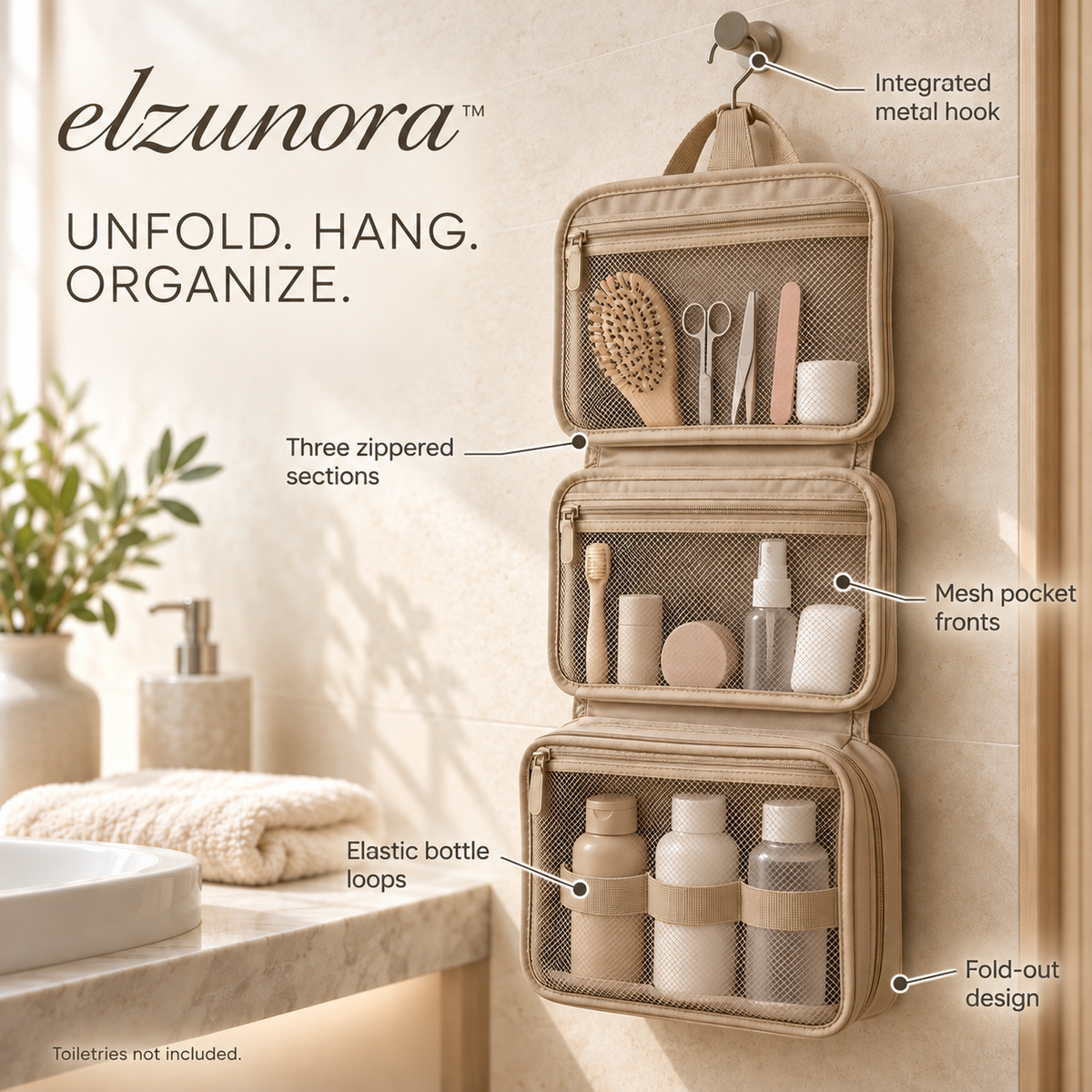 𝒆𝒍𝒛𝒖𝒏𝒐𝒓𝒂™ Hanging Toiletry Bag, Fold-Out Travel Bathroom Organizer