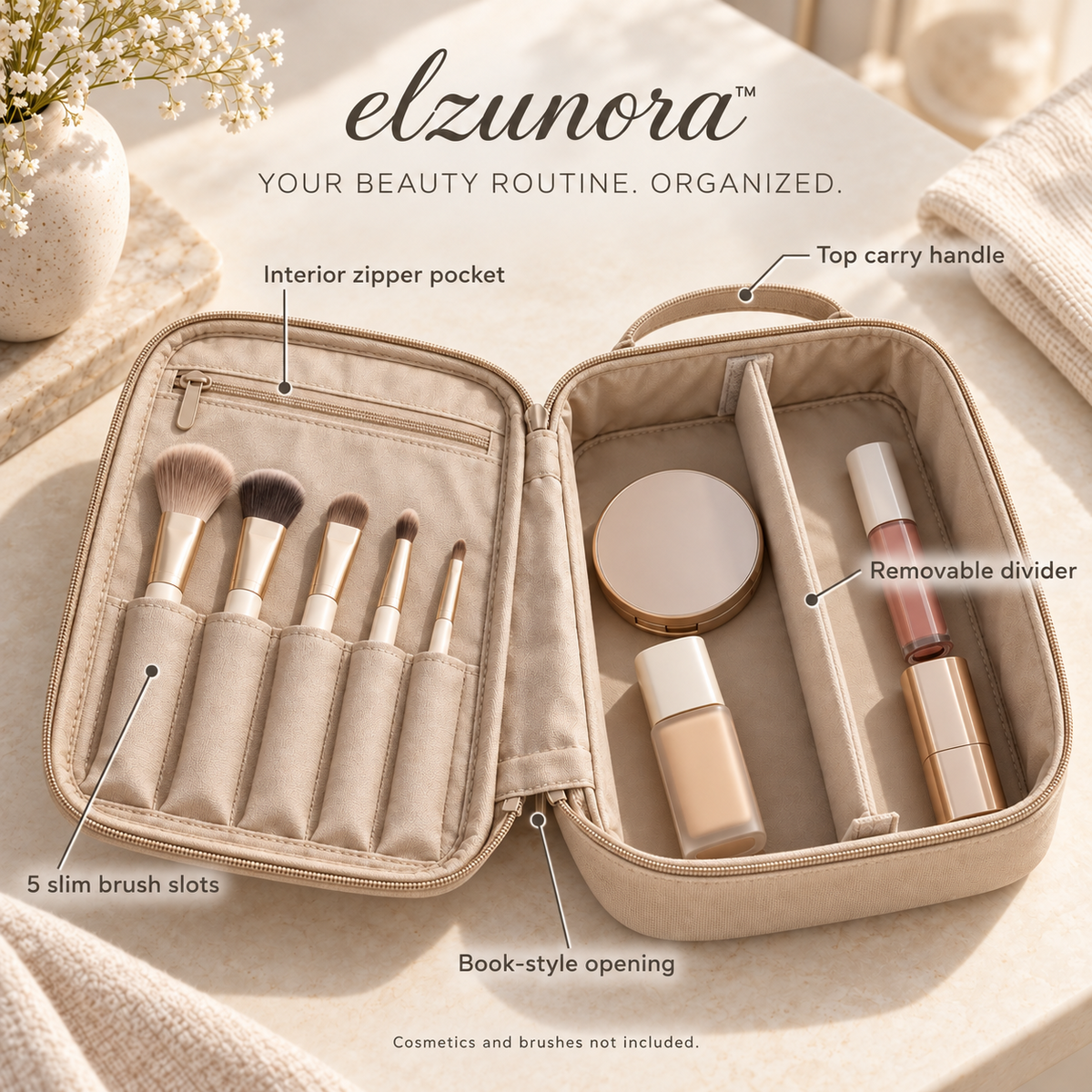 𝒆𝒍𝒛𝒖𝒏𝒐𝒓𝒂™ Makeup Organizer Bag, Lay-Flat Travel Cosmetic Case with Dividers