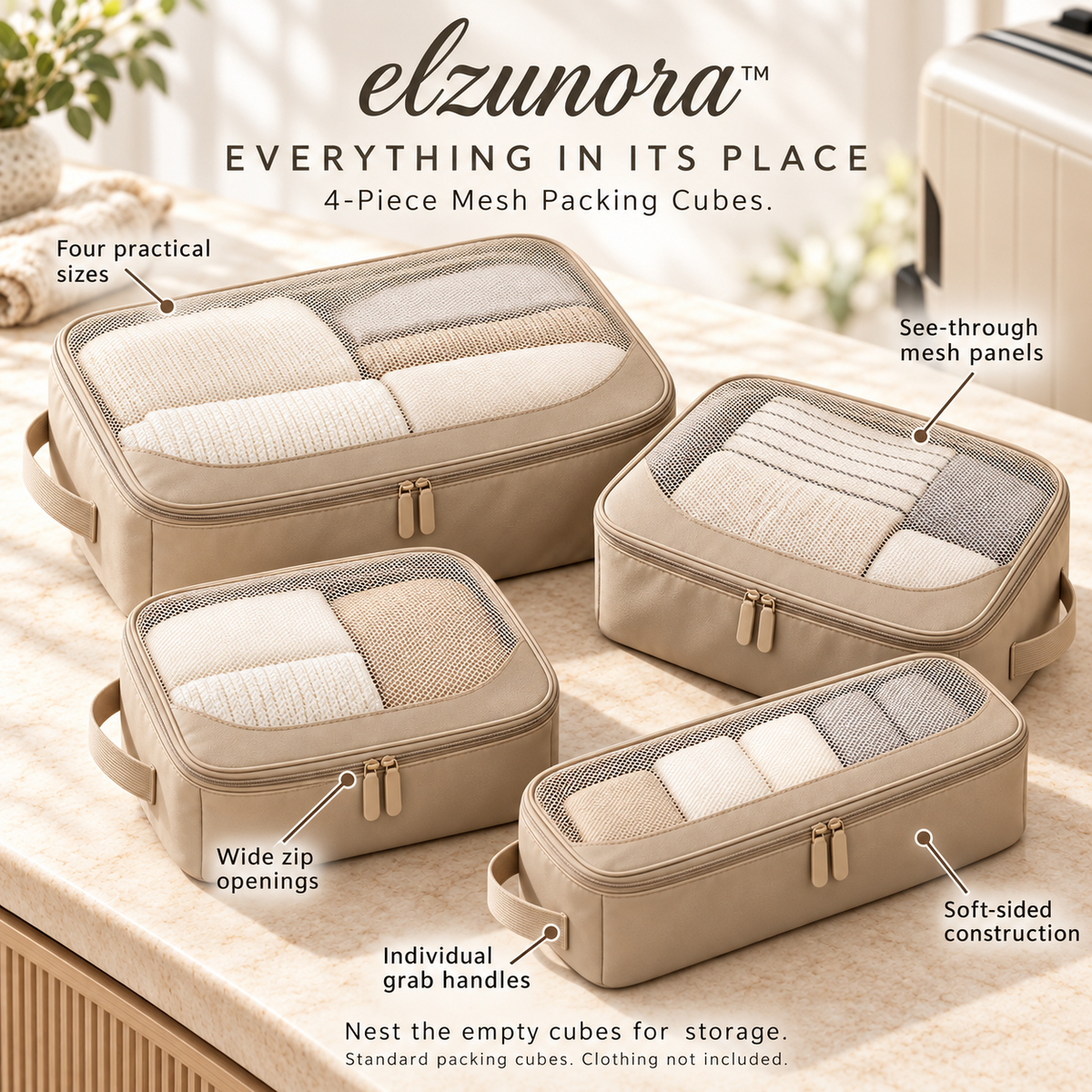 𝒆𝒍𝒛𝒖𝒏𝒐𝒓𝒂™ Mesh Packing Cubes, 4-Piece Travel Luggage Organizer Set