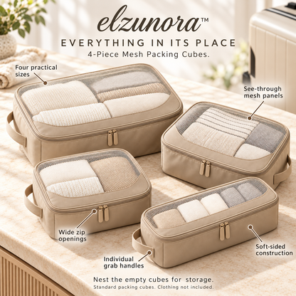 𝒆𝒍𝒛𝒖𝒏𝒐𝒓𝒂™ Mesh Packing Cubes, 4-Piece Travel Luggage Organizer Set