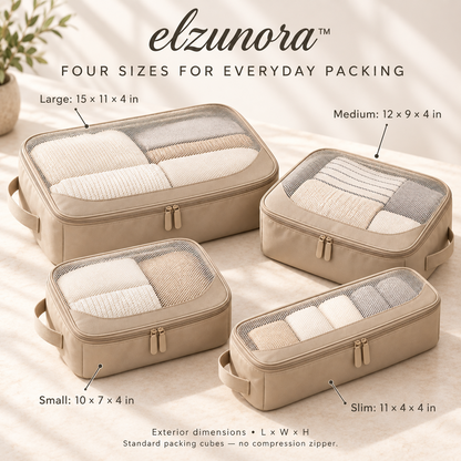 𝒆𝒍𝒛𝒖𝒏𝒐𝒓𝒂™ Mesh Packing Cubes, 4-Piece Travel Luggage Organizer Set
