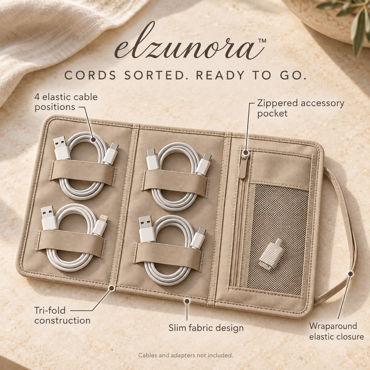 𝒆𝒍𝒛𝒖𝒏𝒐𝒓𝒂™ Slim Cable Organizer Roll, Foldable Travel Cord Storage Pouch