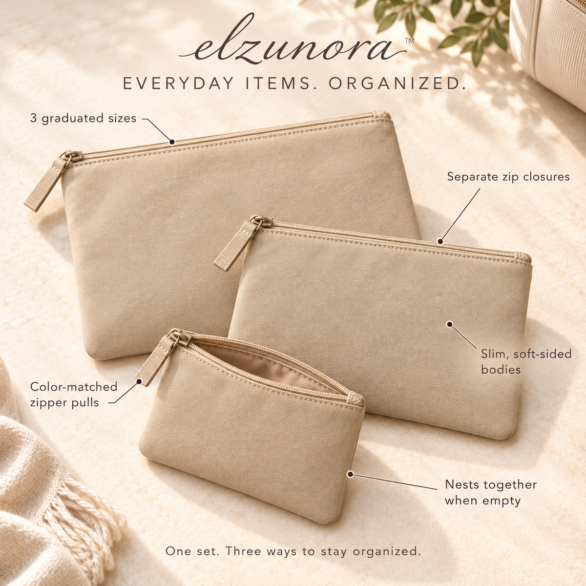 𝒆𝒍𝒛𝒖𝒏𝒐𝒓𝒂™ Travel Essentials Pouch Set, 3 Nesting Zipper Organizer Bags