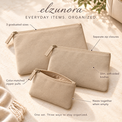 𝒆𝒍𝒛𝒖𝒏𝒐𝒓𝒂™ Travel Essentials Pouch Set, 3 Nesting Zipper Organizer Bags