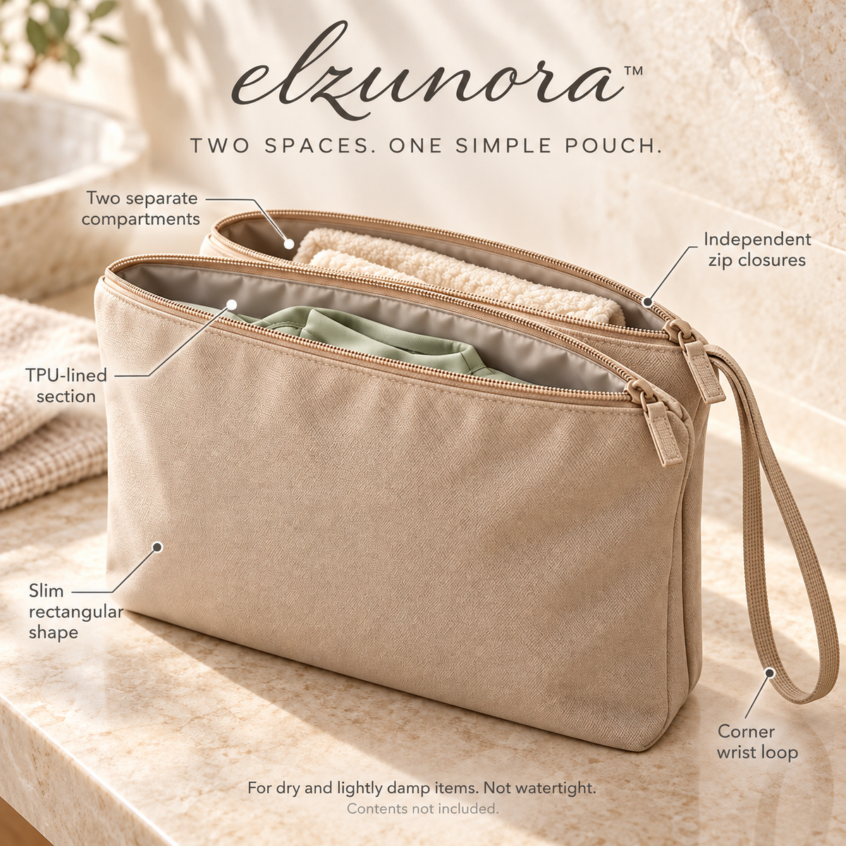 𝒆𝒍𝒛𝒖𝒏𝒐𝒓𝒂™ Two-Compartment Travel Pouch, Separate Storage for Dry and Damp Items