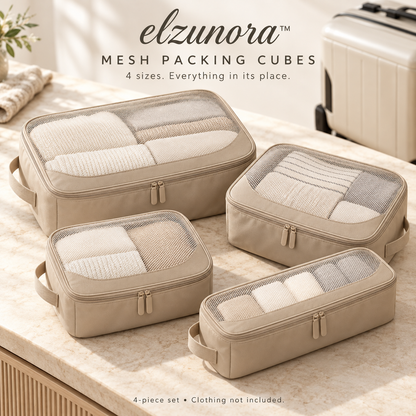 𝒆𝒍𝒛𝒖𝒏𝒐𝒓𝒂™ Mesh Packing Cubes, 4-Piece Travel Luggage Organizer Set