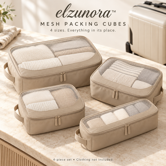 𝒆𝒍𝒛𝒖𝒏𝒐𝒓𝒂™ Mesh Packing Cubes, 4-Piece Travel Luggage Organizer Set